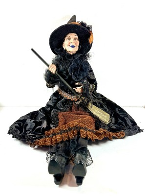 Vintage Halloween Fall Victorian Witch Shelf Sitting Resin Face With Broom