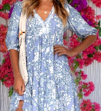 WOMEN PLUS SIZE BLUE FLORAL V NECK HALF SLEEVE MIDI DRESS ( SIZE L )