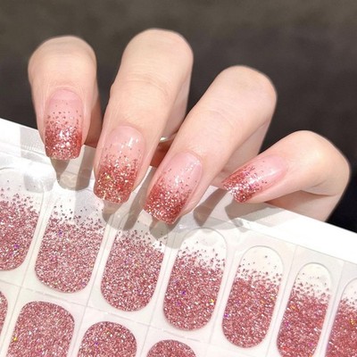 Semi Cured Gel Nail Sticker Glitter Sequins Nail Polish Strips Full Nail Wrap...
