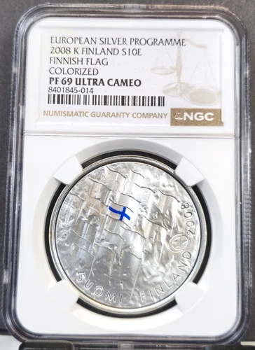 2008 FINLAND SILVER 10 EURO FINNISH FLAG COLORIZED NGC PF 69 ULTRA CAMEO SCARCE