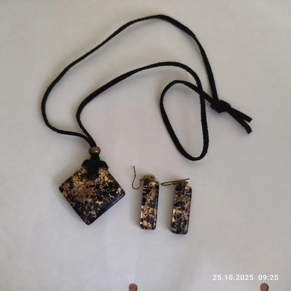 Neu Murano Glas Set Halskette Ohringen schwarz gold