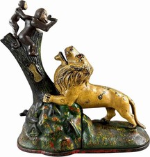 1880s CAST IRON MECHANICAL BANK - ORIGINAL LION & 2 MONKEYS BANK ORIGINAL PAINT