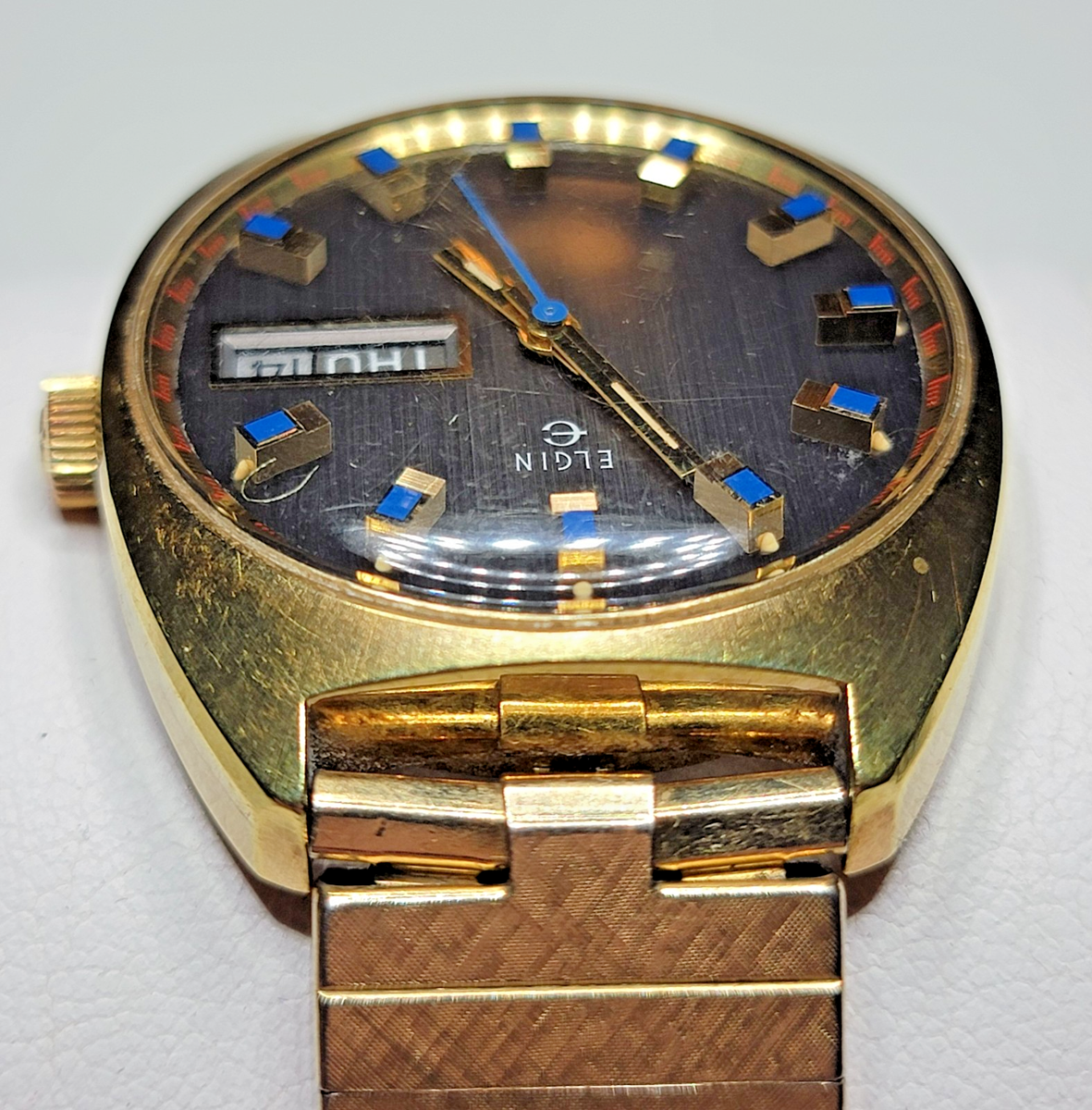 VTG ELGIN 1960s-70s Men's Manual Wind Grey Blue Gold-Tone Watch 17
