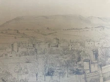 Large drawing 19th century 1850 pencil landscape village Tuscany? Antique A Identifier Art