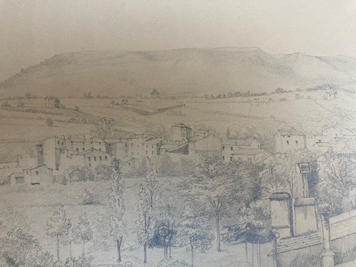 Large drawing 19th century 1850 pencil landscape village Tuscany ...