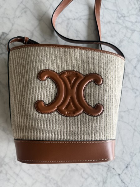 CELINE Small Bucket Cuir Triomphe in Striped Textile and Calfskin - Beige