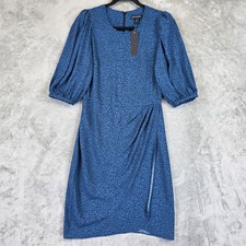 Banana Republic Dress Womens 8 Tall Blue Animal Sheath Ruched Puff Sleeve Work