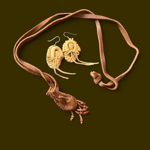 Native Moccasins Earrings & Necklace Pouch Set of 2 Soft Leather