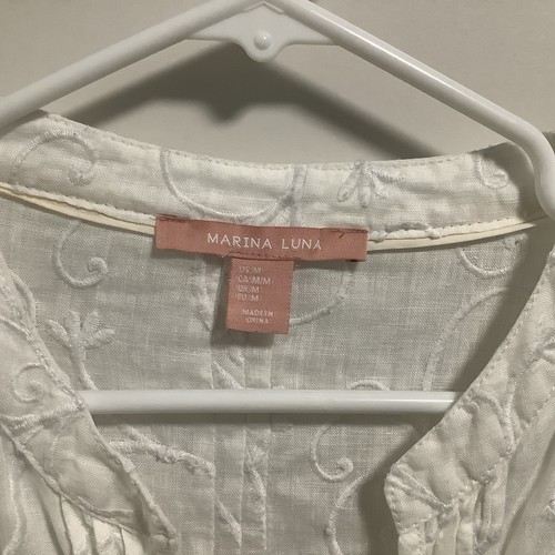 Marina Luna White Linen Tunic Top White Embroidery Roll Tab Sleeves Women’s Sz M - Picture 3 of 7
