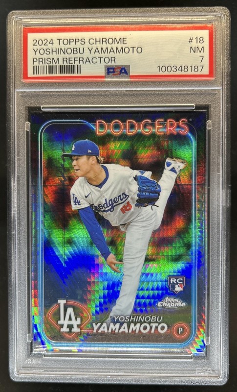 2024 Topps Chrome Yoshinobu Yamamoto RC Prism Refractor Rookie #18 Dodgers PSA 7
