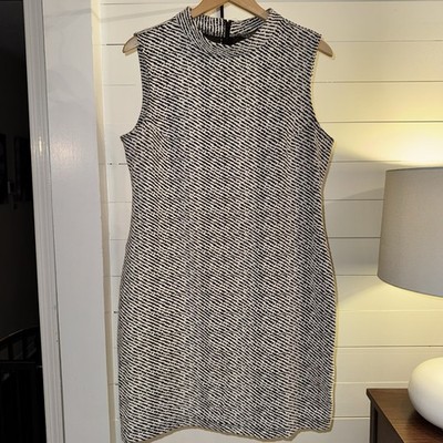 Sharagano Black White Knit Sheath Dress Mock Neck Sleeveless Size 14
