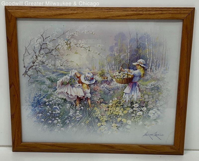 Girls Picking Flowers Framed Art Print by Andres Orpinas