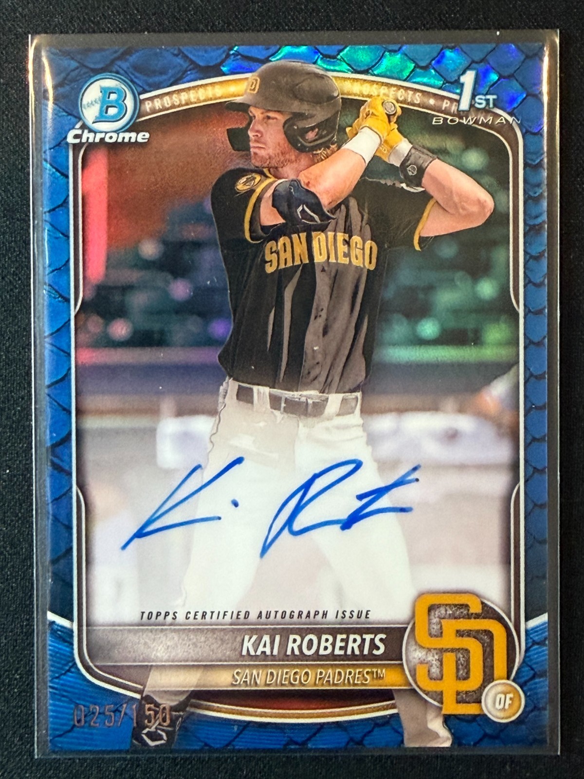 2025 Bowman Chrome 1st Kai Roberts Blue Reptilian Auto /150 Padres