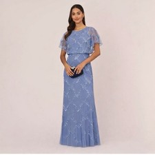 Adrianna Papell Size 6 Beaded Blue Gown NWT Flutter Sleeve Formal Dress MOB GALA
