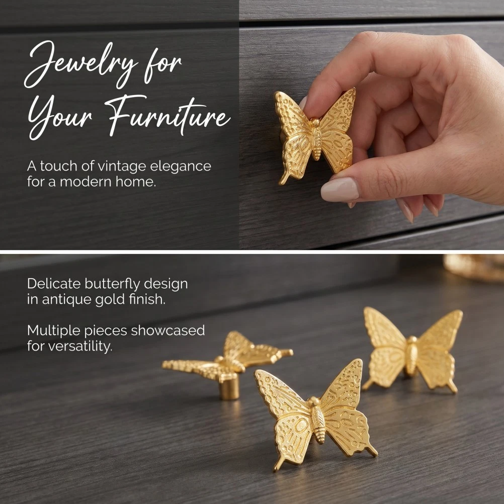 4Pcs Vintage Butterfly Knob, Single Hole Cabinet Handle, Golden Drawer Pull,