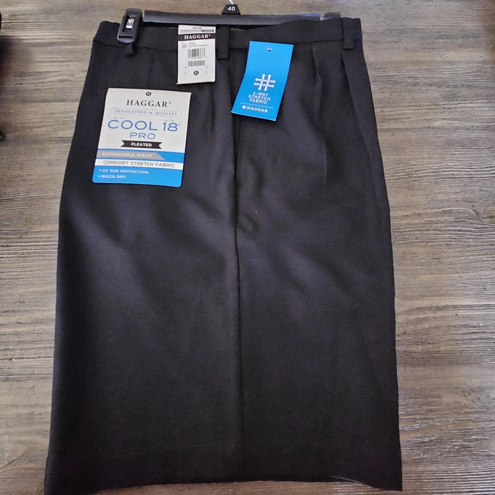 NWT Haggar Cool 18 Pro Mens Pleated Shorts Black Expandable Waist Quick Dry 40W