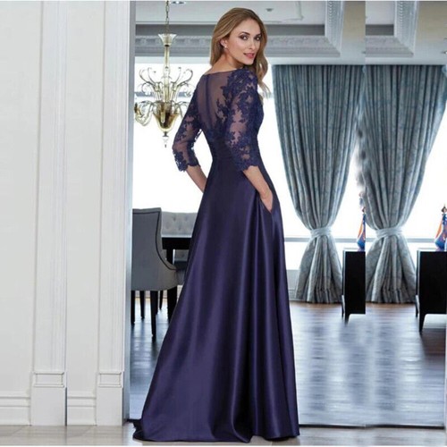 Satin Mother of the Bride Dress O Neck 3/4 Sleeve Appliques Zipper Back Pockets - Picture 11 of 11