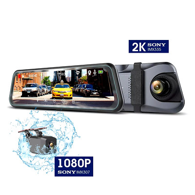 Mirror Dash Cam, Waterproof Rear View Camera 9.66'' IPS Touch Screen Backup Cam
