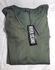 ASOS River Island V-Neck 3/4 Sleeve Ribbed Midi Dress - Khaki - US Size 14