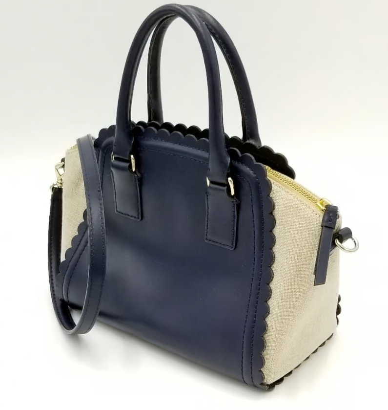 Kate Spade Navy Blue Leather & Beige Linen Scallop Detail Satchel