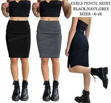 Girls School Midi Pencil Skirt Ladies Office Work Bodycon Grey Black Blu Stretch