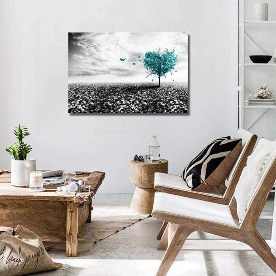 Derkymo Black and White Picture Prints Teal Heart-shaped Tree Wall Painting L... - Image 4 of 4