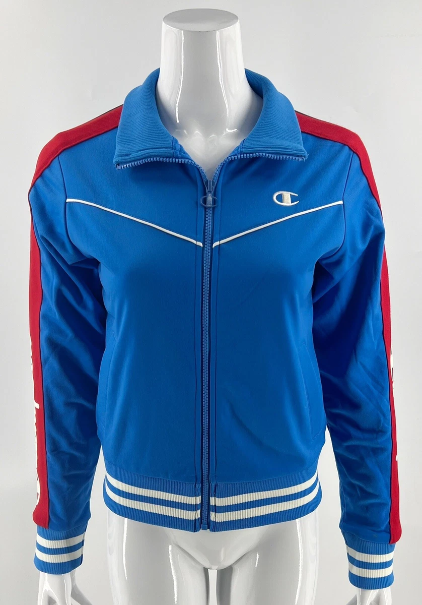 Champion Womens Track Jacket Size Small Blue Red Striped Sleeve Zip Up Athletic