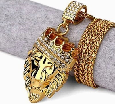 Mighty Lion Iced Crown Cz Pendant 24'' Chain 14k Gold Plated Hip Hop Jewelry