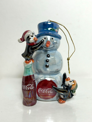 2003 Coca Cola Pearlescent Porcelain Snowman & Penguins Soda