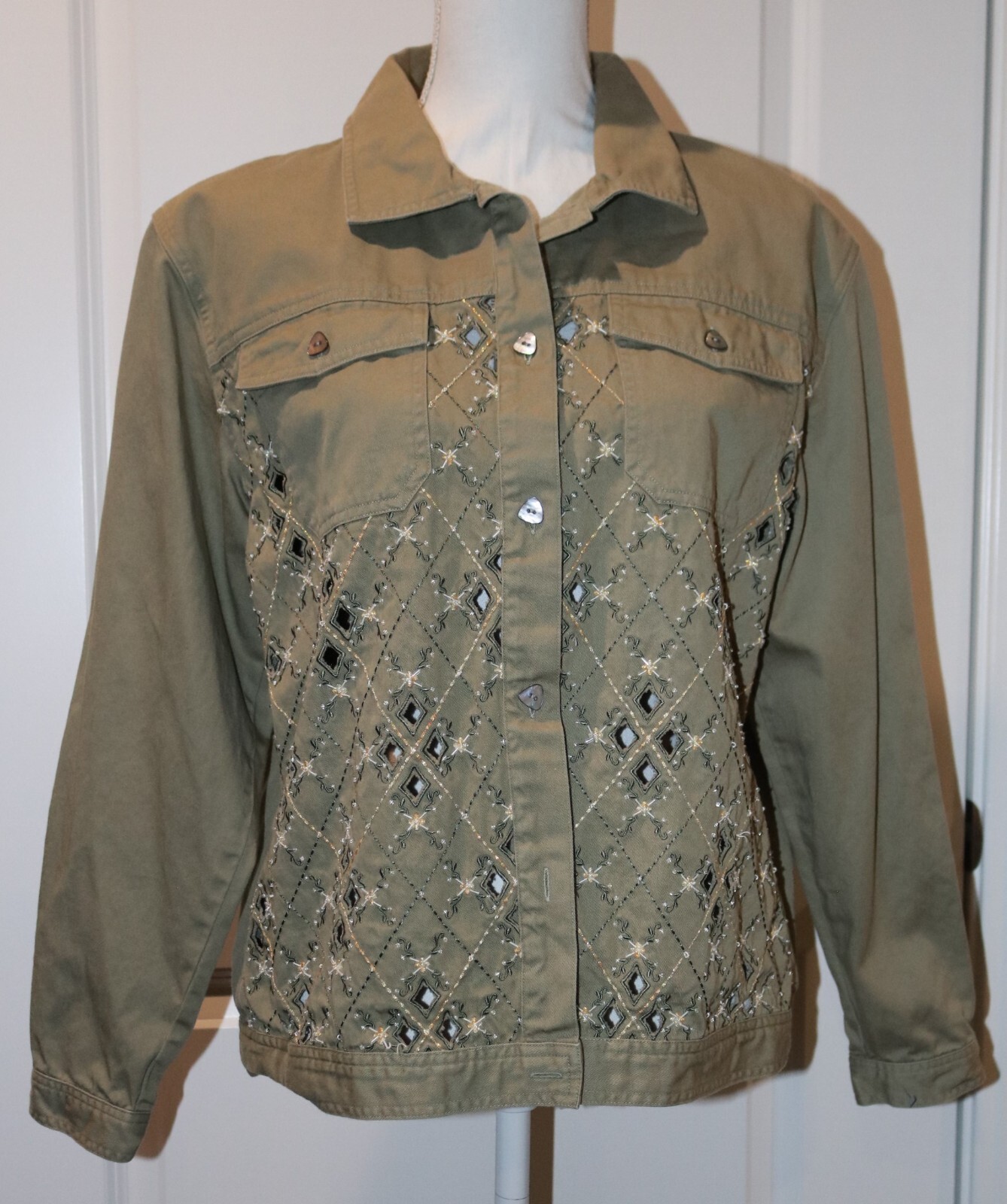 Jacket C. A. Sport Large Green Khaki Cotton Button Up Collar Beaded Cut Outs-image