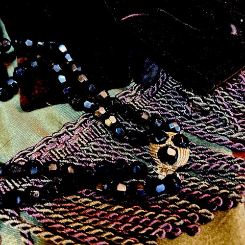 Antique Jet Victorian 1800s Bodice Black Velvet Beaded Plus 14k Jet BeadNecklace - Picture 9 of 19