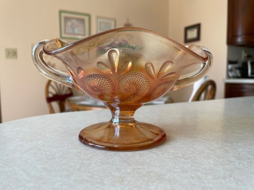 VTG Dugan Carnival Glass Marigold Question Mark, Footed Bon Bon Dish-2 Handles - Picture 6 of 8