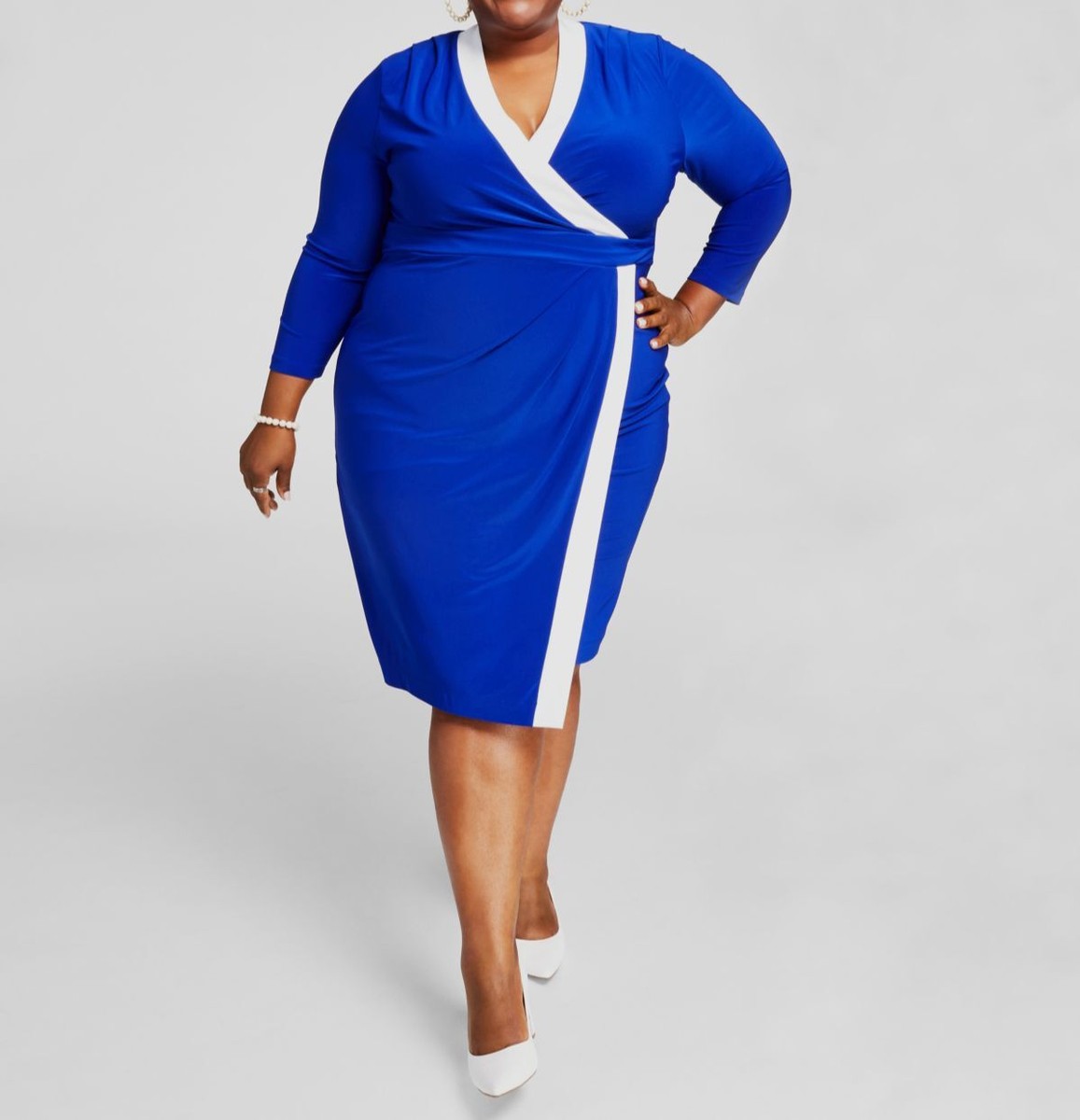 kasper blue dress Women's Trim Ruched Surplice 3/4 Sleeve Plus Size 1X Ebay Colour:BLUE size_9.5 Cynthia Rowley Azores Smocked Color Block
