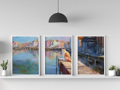 Tranquil Cat by Harbor, Oil Painting Print 5''x7'' on Matte Paper