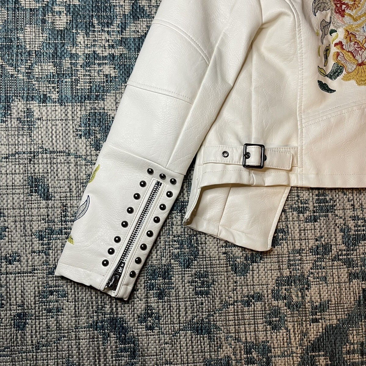 Blank NYC XS Embroidered Floral Moto Faux Leather Lined