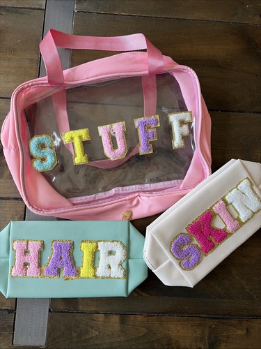 3pc Makeup Bag Set Womens OS Pink Multi Travel Chenille Patches Hair Stuff Skin