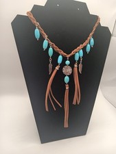 Bohemian Turquoise Leaf Pendant Necklace With Beads, Brown