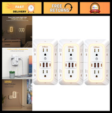 3-Pack Outlet Extender with Night Light, 6-Outlet Surge Protector 4 USB Ports