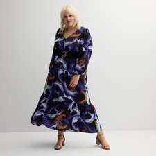Nine West Womens Plus Size XL Abstract Print Long Sleeve V-Neck Maxi Dress NWT
