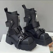 Women's Cowhide Square Toe Leather Boots Thick Bottom Belt Buckle Chelsea Shoes
