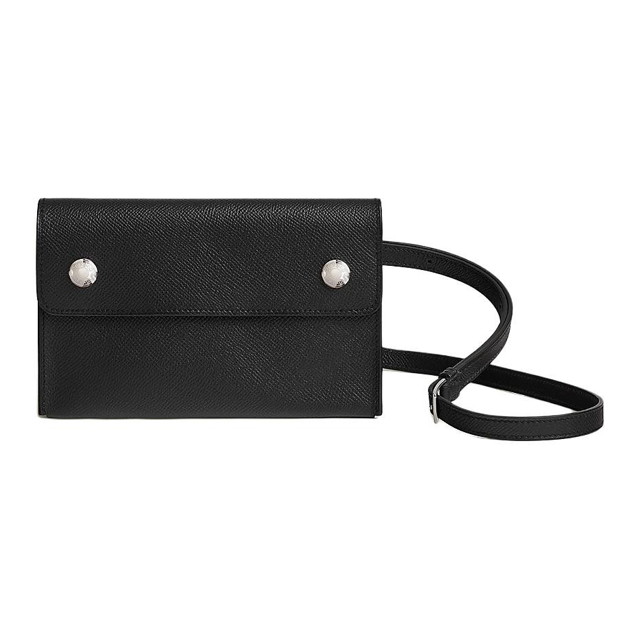 HERMES Crossbody Bags Leather Black Men 7.3 x 1.8 x 4.5 in