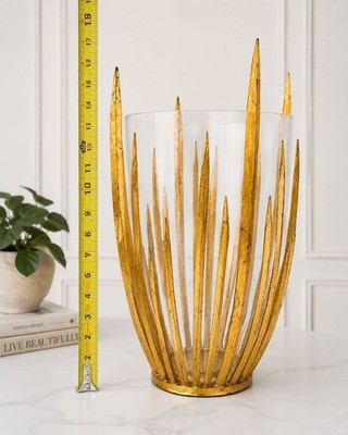 Gold Leaf & Metal  Rays Glass Vase With Spiky Design - 19''H X 10.75 W  Designer