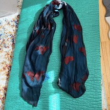 Vintage 60s Luxurious Organza Scarf Shawl Teal Blue Black Butterfly Sheer Layers