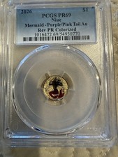 2026 Niue 1 Gold Coin Mermaid- Purple/pink Tail- PCGS Reverse PF69 1 Gram