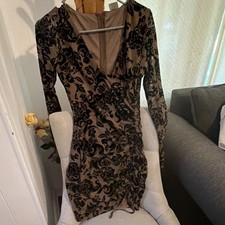 Windsor Brown Black Floral Mesh Ruched V-Neck Long Sleeve Bodycon Mini M