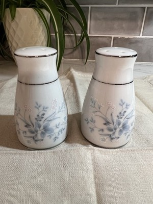 Noritake China Salt & Pepper Shaker Set Carolyn 2693 Floral Silver Trim Vintage