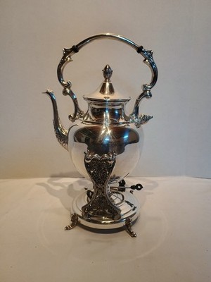 Vintage Silver Plated on Copper Teapot on Tilting Stand with Burner