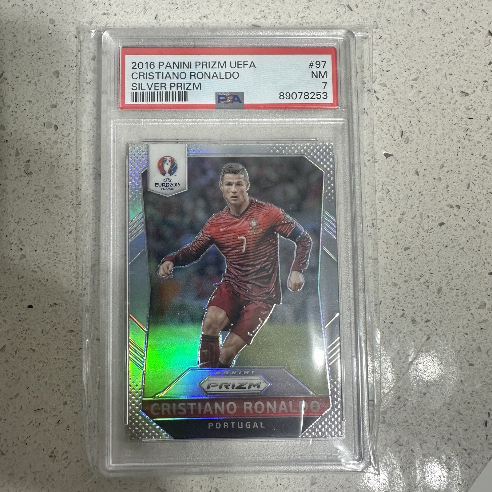 2016 Panini Prizm UEFA Cristiano Ronaldo CR7 Silver Prizm PSA 7 NM #97 Portugal