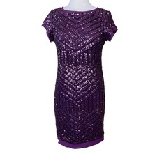 Vince Camuto Cap Sleeve Burgundy Purple Chevron Sequined Shift Dress Sz 10 NWT