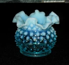 Fenton Blue Opalescent Hobnail Ruffled Rim Glass Vase